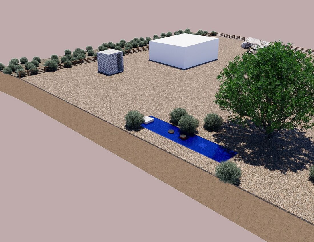 Render de evaluación ACGM: topografía real del terreno con el posicionamiento del tanque, entregado tras la visita técnica